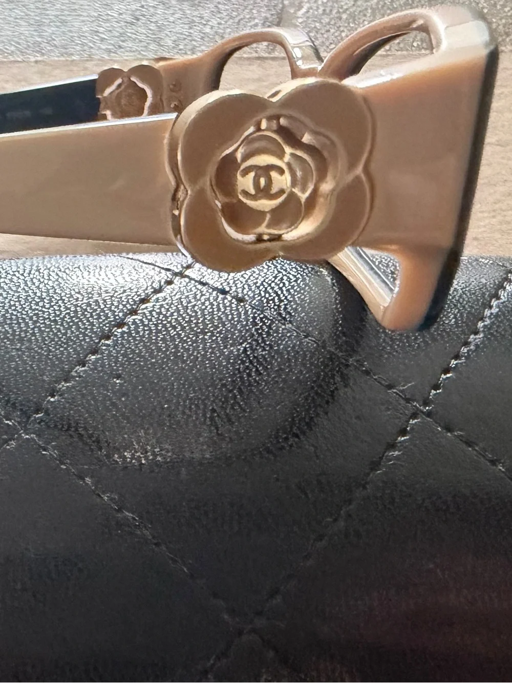 CHANEL Black Frames with Tan Inner Trim and Gold Flower with emblem on temples